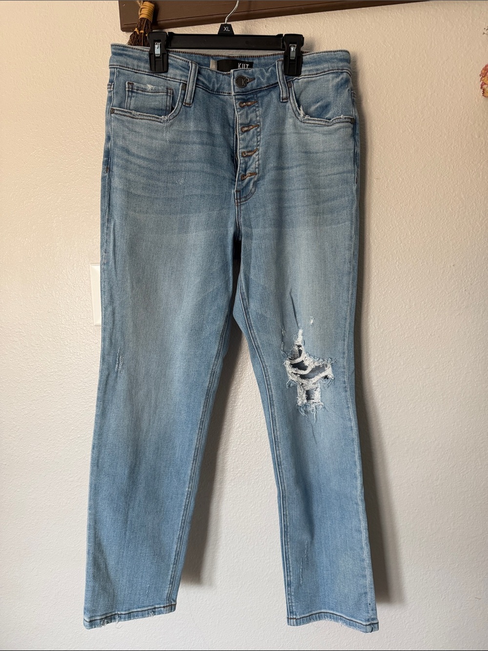 Kut from the Kloth Light Blue High-Rise “Rachael” Distressed Jeans